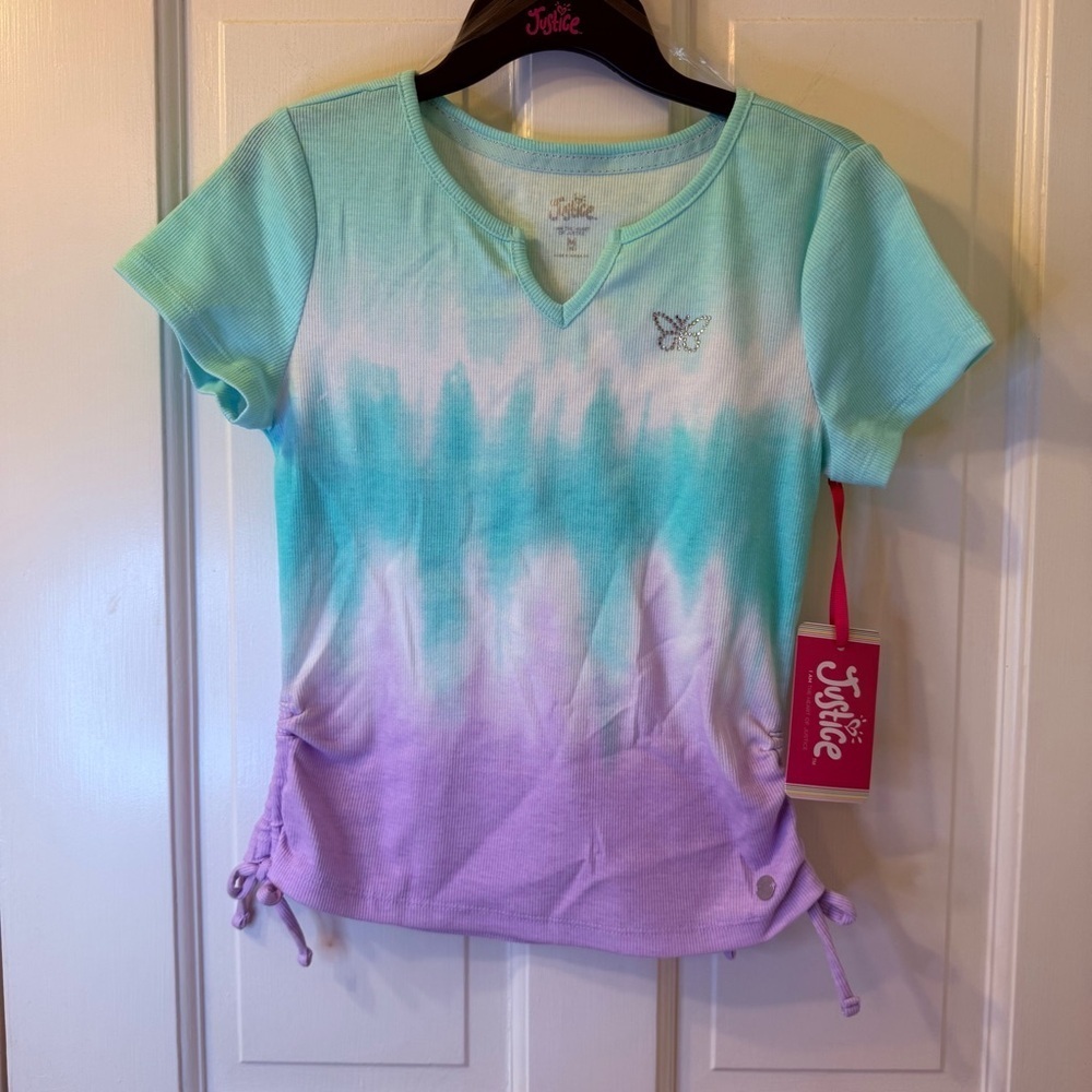 Justice Mint and White Top with Rhinestone Butterfly
